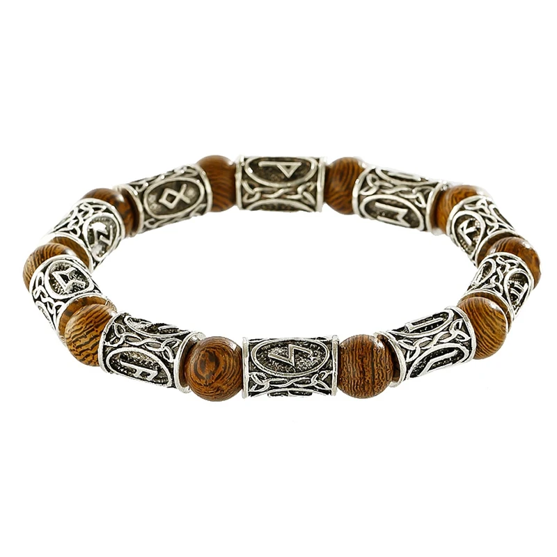 Ethnic Viking Rune Antique Beads Bracelet Handmade Bohemian Wood Lava Stone Bangles Charm Bracelets For Men Jewelry Gift