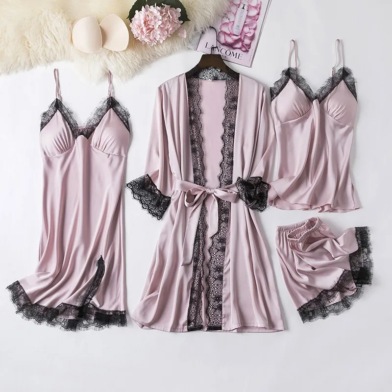 Satin Set Bride Bridesmaid Wedding Robe Gray Lace Kimono Gown Women Summer New V-Neck Casual Nightwear Intimate Lingerie