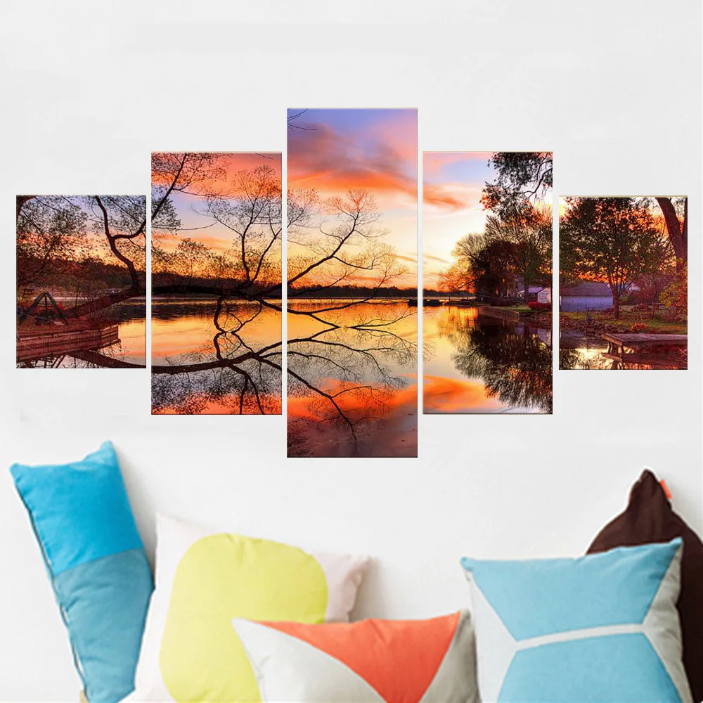 

5 Panel Canvas Art Wall Decor Landscape Sunset Glow on The Lake Poster Modern Home Decoration Frame Bedroom Modular Picture