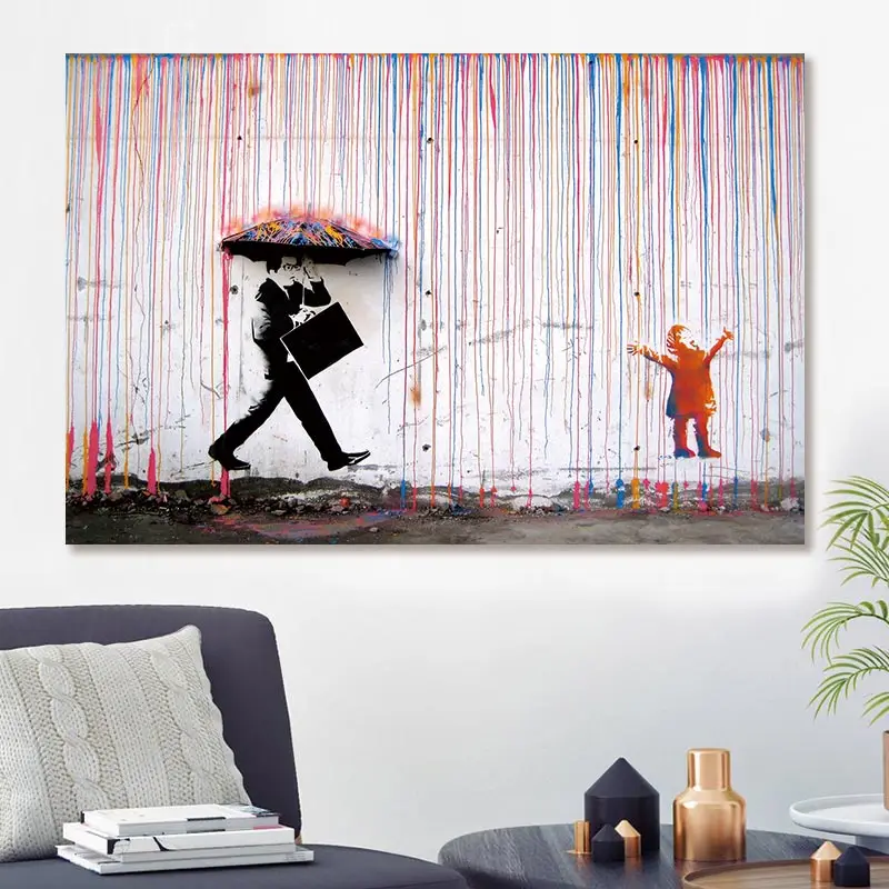 Banksy Walking In The Rain Street Graffiti Wall Art Canvas Paintings on The Wall Posters and Prints for Living Room Decor