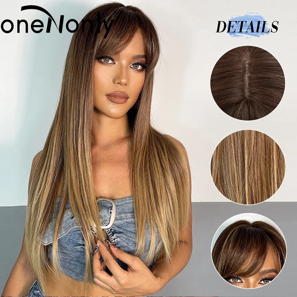 oneNonly Long Straight Synthetic Wigs Brown Wig with Bangs for Women Natural Daily Cosplay Christmas Hair Heat Resista