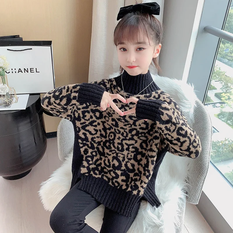 

New Girls Sweater Baby's Coat Outwear 2022 Leopard Thicken Warm Spring Autumn Jacket Knitting Pullover Children's Clothing