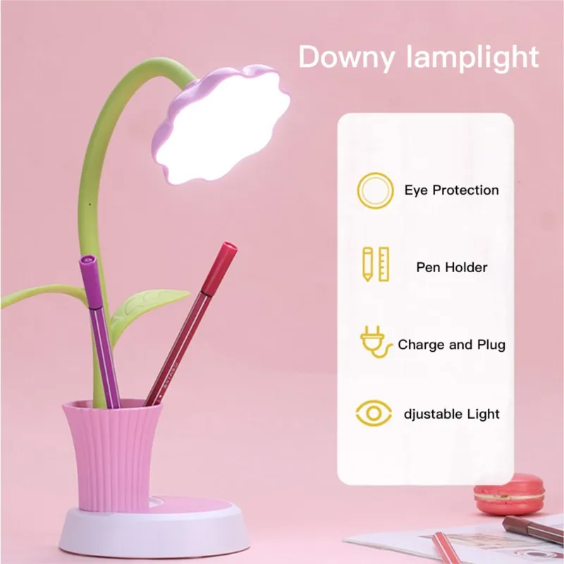 USB Chargeable LED Table Lamp 2 In 1 Sun Flower LED Desk Lamp with Pen Holder Children Reading Learning Eye Protect Night Light