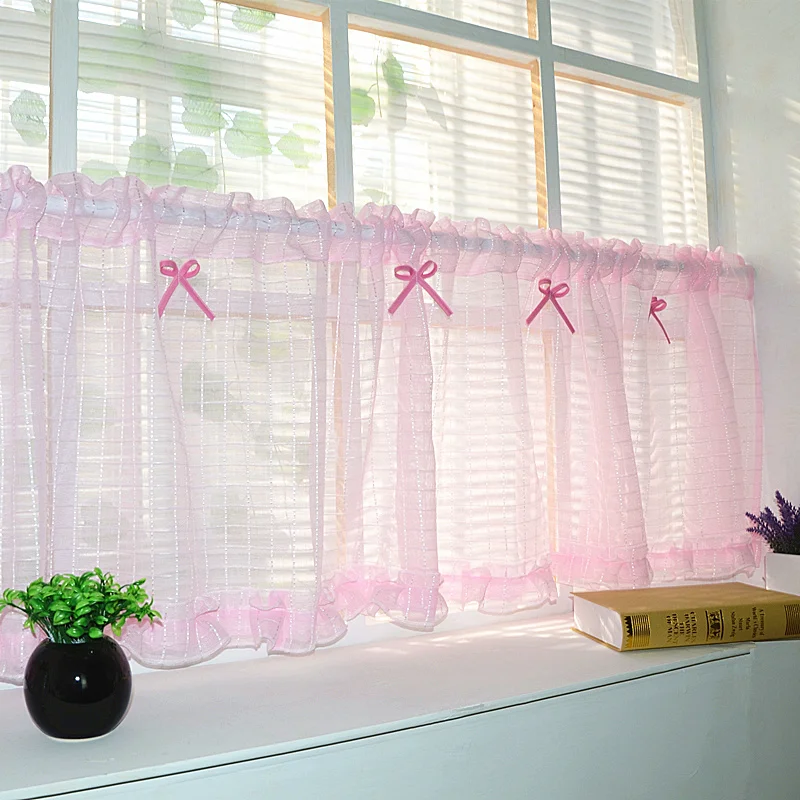 

Pink Short Sheer Tulle Curtain Semi-Blackout Kitchen Cabinet Coffee Rod Pocket Pleat Curtains Door Window Screens Voile Drapes