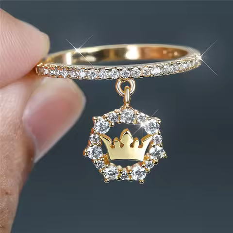 Luxury Female Crystal Crown Pendant Ring Trendy Gold Silver Color Engagement Jewelry Zircon Stone Wedding Rings For Women