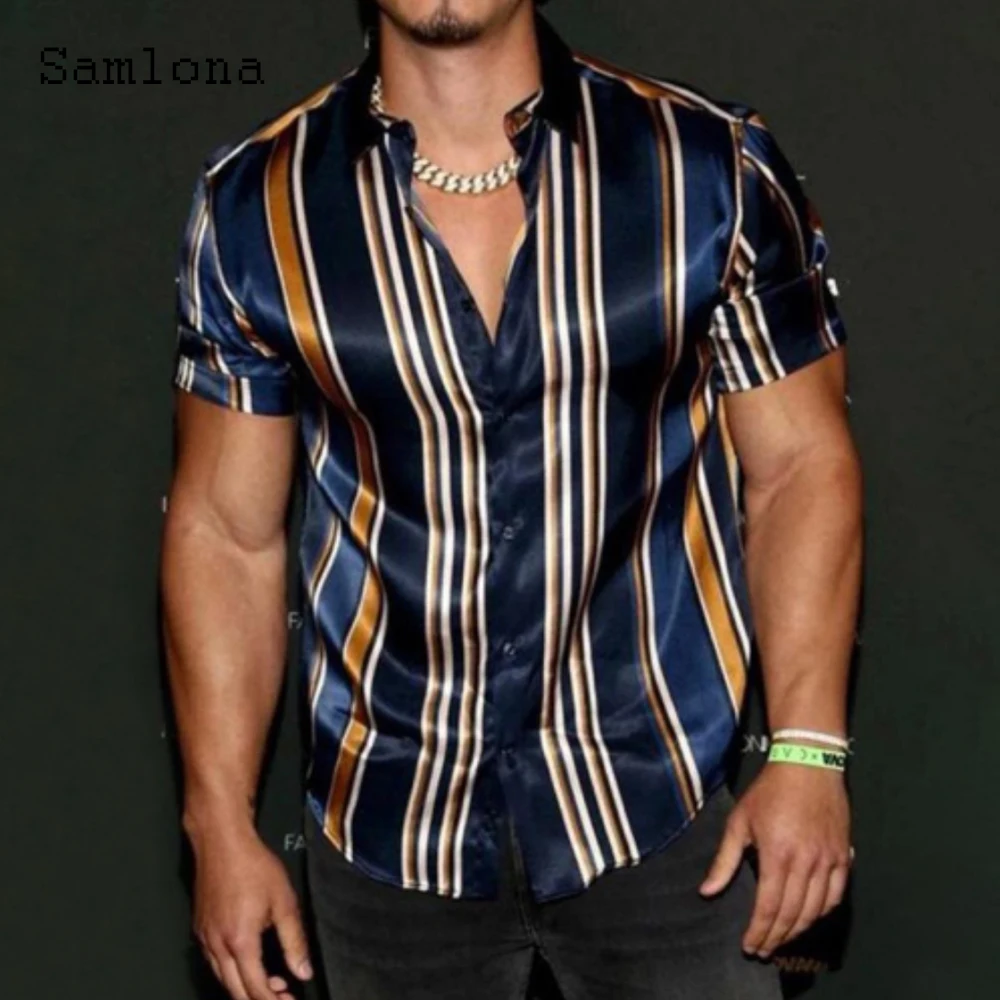 Samlona 2022 Summer Elegant Fashion Stripes Shirt Men Lapel Neck Loose Single Breasted Shirts Blouse Streetwear Sexy Men Clothes