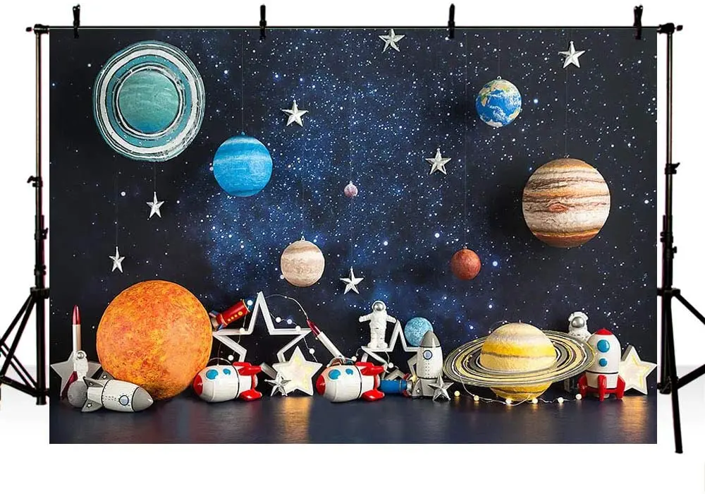 Outer Space Photography Backdrop Universe Planet Star Galaxy Astronaut Rocket Kids Birthday Party Decoration Boy Background