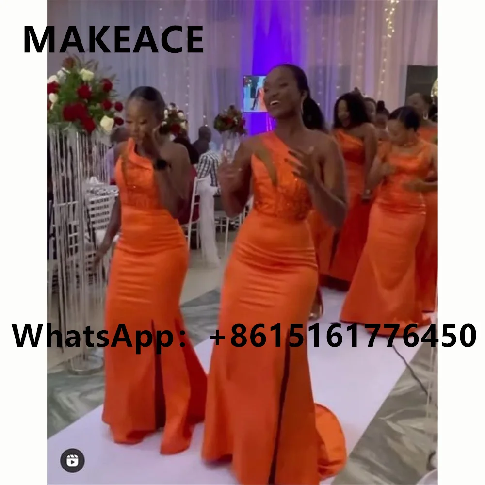 

Orange One Shoulder Mermaid Bridesmiad Dresses Long 2023 Africa Girl Simple Formal Women Wedding Party Dress Custom Made