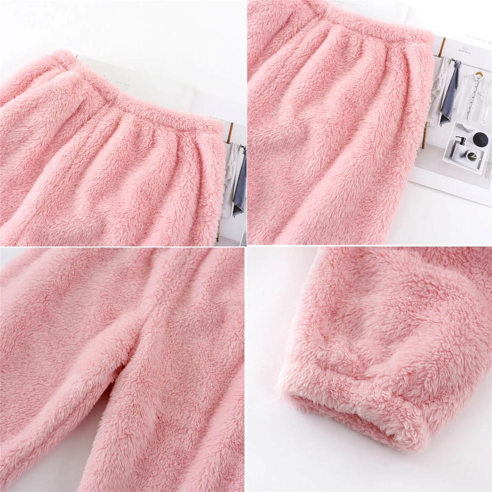 Winter Women\'s Plush Pajama Pants Warm Home Pants Loose Comfortable Elastic Waist Cute Solid Coral Fleece Men Home Pants Outside