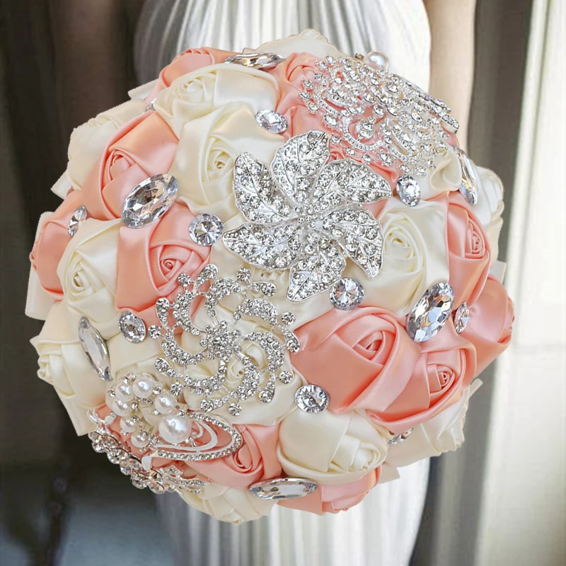 1pc/lot  Champage and coral Silk Wedding Bouquet with Silver Gem,New Pure Color White Bridal Flower,Bowknot Holding Bouquet