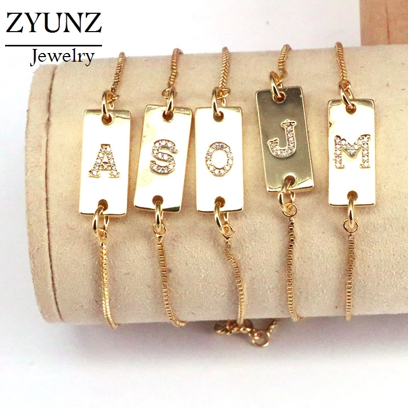 10PCS, Metal Chain Bracelet Jewelry New Design Gold Color Micro Pave CZ Initial Letter Bar Bracelet For Femme Fashion Jewelry