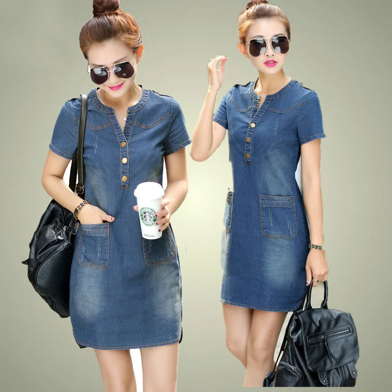 

2024 new arrival summer women denim dresses short sleeves loose A word dresses plus sizes v-neck solid denim dresses