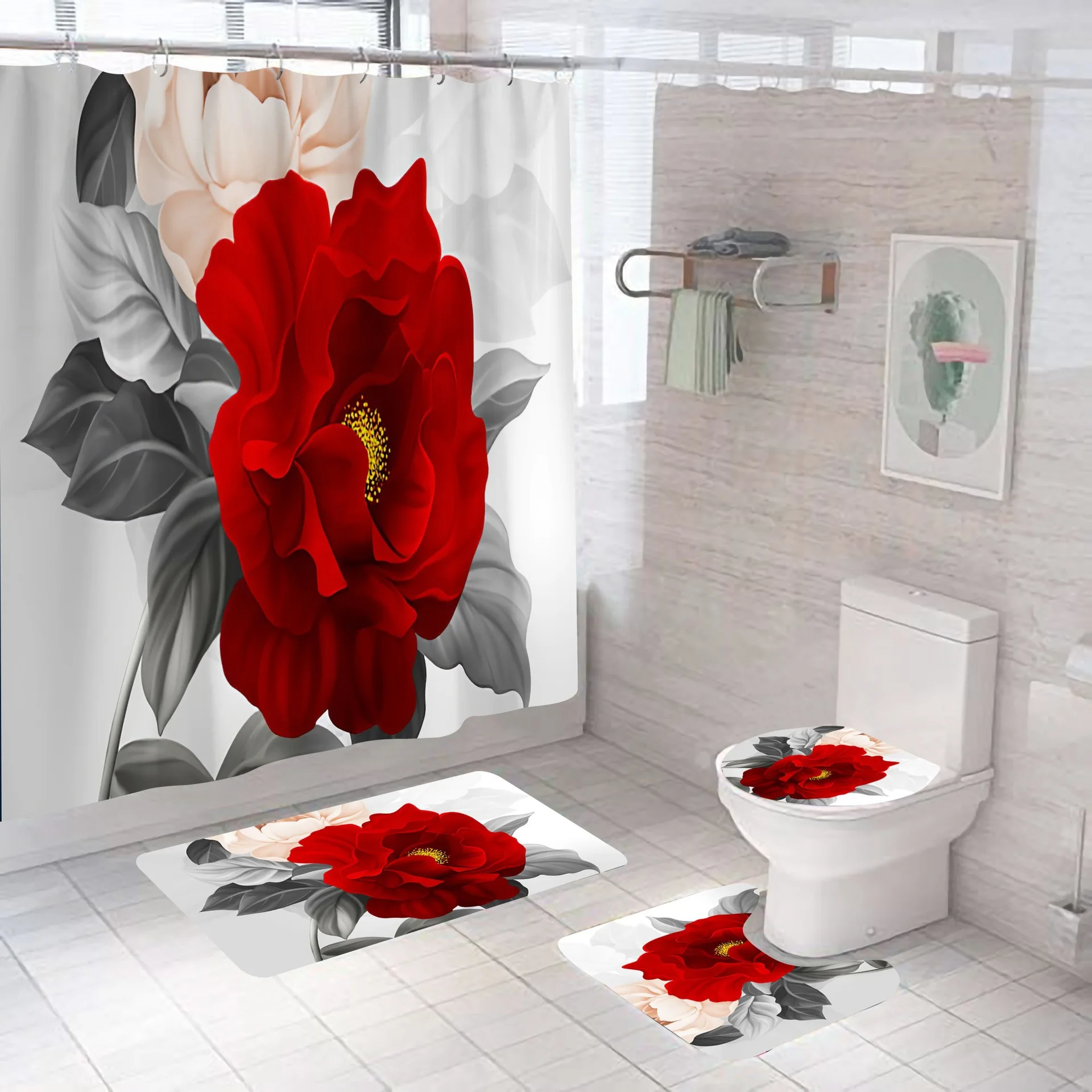 3D Digital Printing Flowers Shower Curtain Waterproof Polyester Bathroom Curtains Colorful Shower Curtain Set Bath Mats Rugs