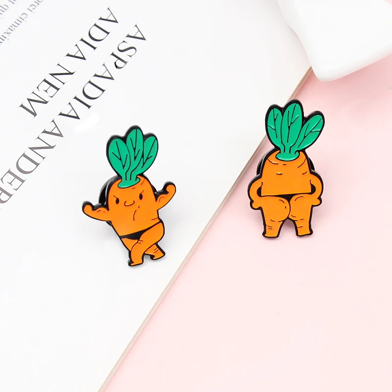 Funny Macho Radish Brooches Orange Carrot Men Bikini Enamel Pins Lapel Bag Metal Brooch Badges Custom Jewelry Gift for Kids