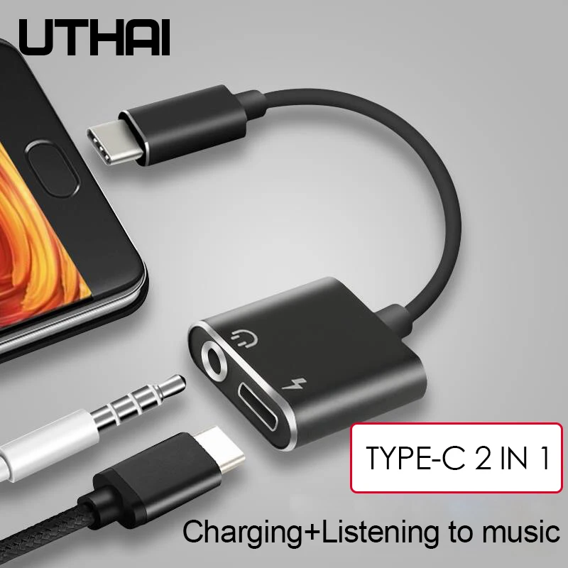 UTHAI T11 Type-C to 3.5mm Audio Adapter Earphone Jack 2in1 Converter For Charging USB C Cable