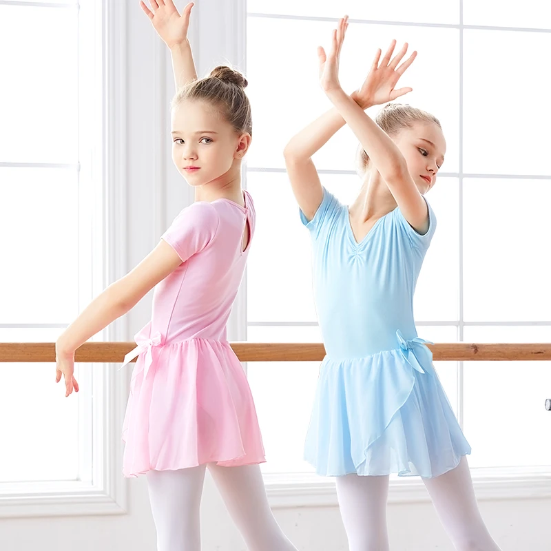 Girls Ballet Dance Leotards Kids Bowknot Ballet Dress Short Sleeve Gymnastics Leotard With Chiffon Skirt Cute Pink Blue Bodysuit