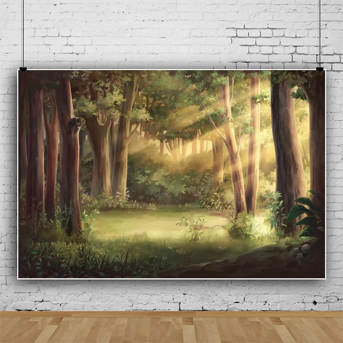 Laeacco-fondo fotográfico de cuento de hadas, telón de fondo con diseño de bosque verde, paisaje de luz solar, retrato de cumpleaños de bebé, decoración de habitación