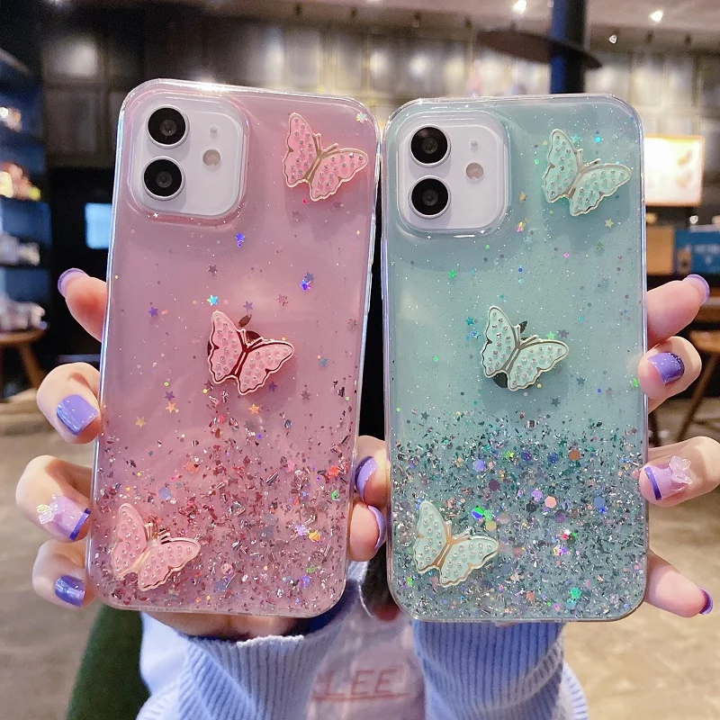 

Luxury Glitter Transparent Phone Case For Realme 7 5G Diamond butterfly Epoxy Soft Shockproof Bumper Back Cover For Realme Q2