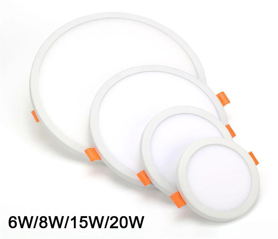Panel de luz LED redondo ultrafino, luz empotrada de techo para baño interior, AC85-265V, 6W, 8W, 15W, 20W