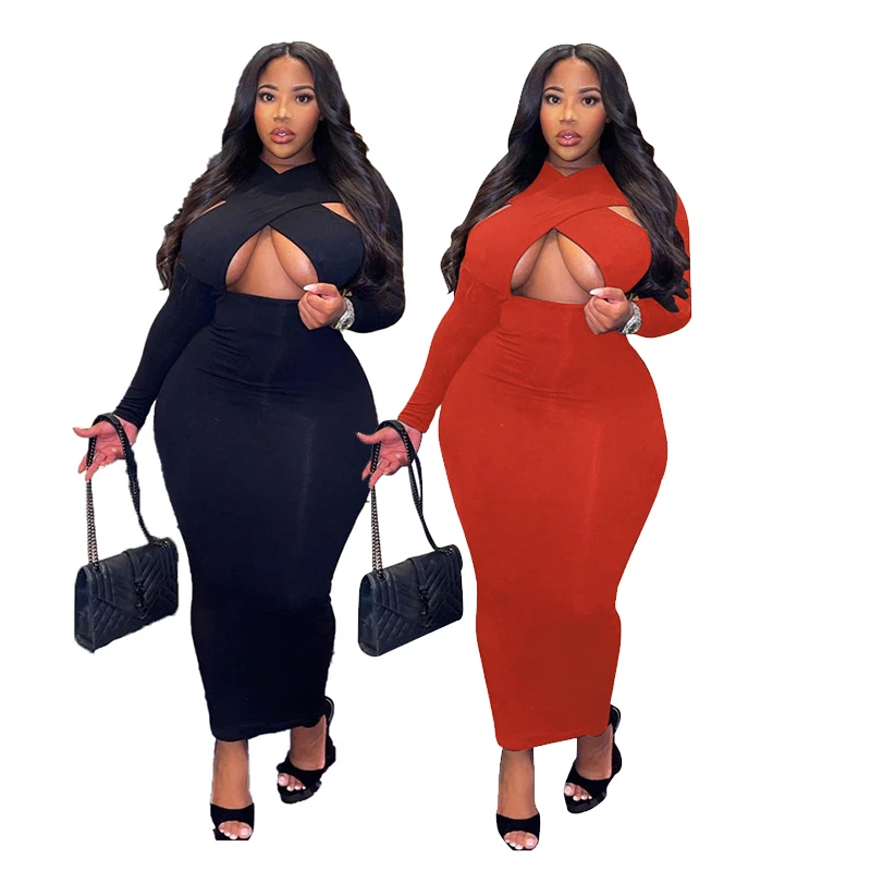 Plus Size Dresses Women Clothing Irregular Neck Clube Sexy Dress Bodycon Party Long Sleeve Midi Dress Dropshipping Wholesale