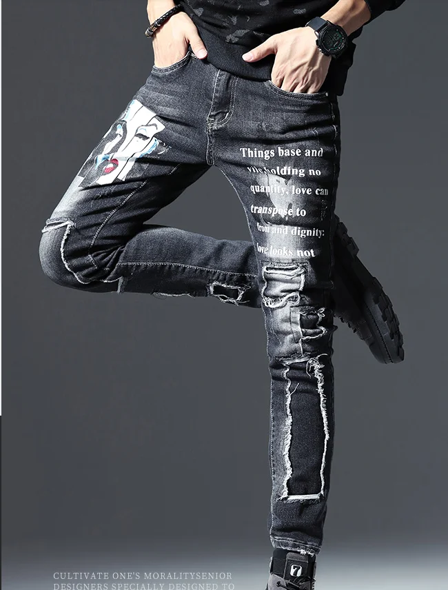 Print Holes Beauty Men Slim Straight Black Stretch Cotton Denim Ripped Patch Fashion painted Beggars Jeans Vintage Pants