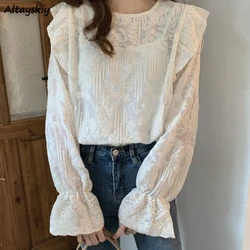 Women Blouse Elegant Romantic Embroidery Spring Tender Long Sleeve White All-match Pure Top Office Street Leisure Comfort Kawaii