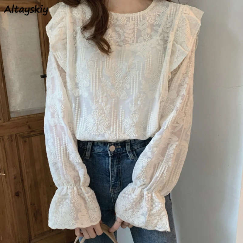 Women Blouse Elegant Romantic Embroidery Spring Tender Long Sleeve White All-match Pure Top Office Street Leisure Comfort Kawaii