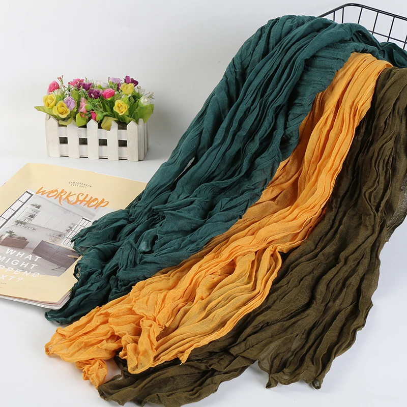 Japanese Cotton Linen Scarf Women\'s Scarves Pleated Plain Shawls Ribbed Hijabs Solid Color Long Headscarf Men Scarfs 180*60cm