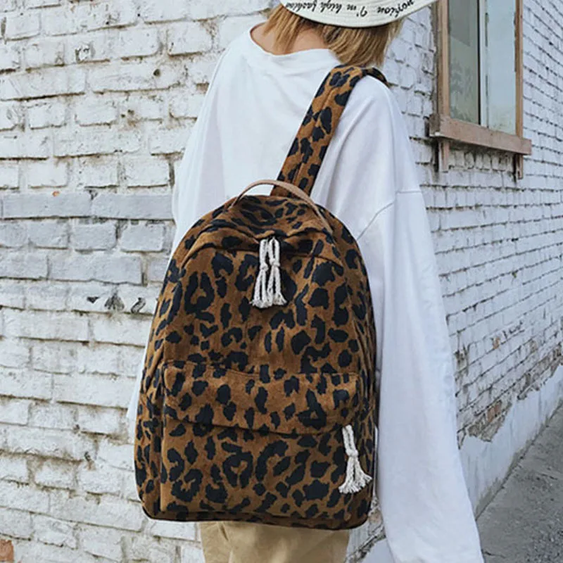 Corduroy Travel Leopard Backpack For Woman Travel Backpack Large Capacity Vintage Teenage Girl Female School ShoulderBag Bagpack