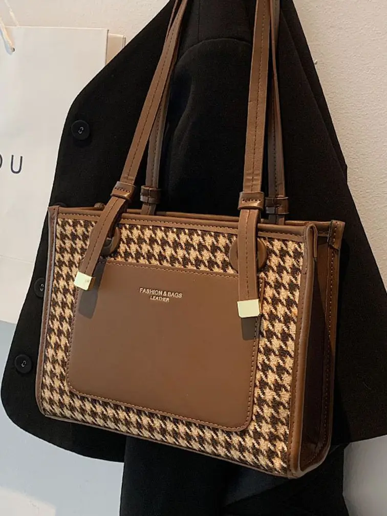 2022 New Trend Women\'s Shoulder Bag Fashion Texture Houndstooth Totes Casual Large Capacity PU Leather Ladies Handbag