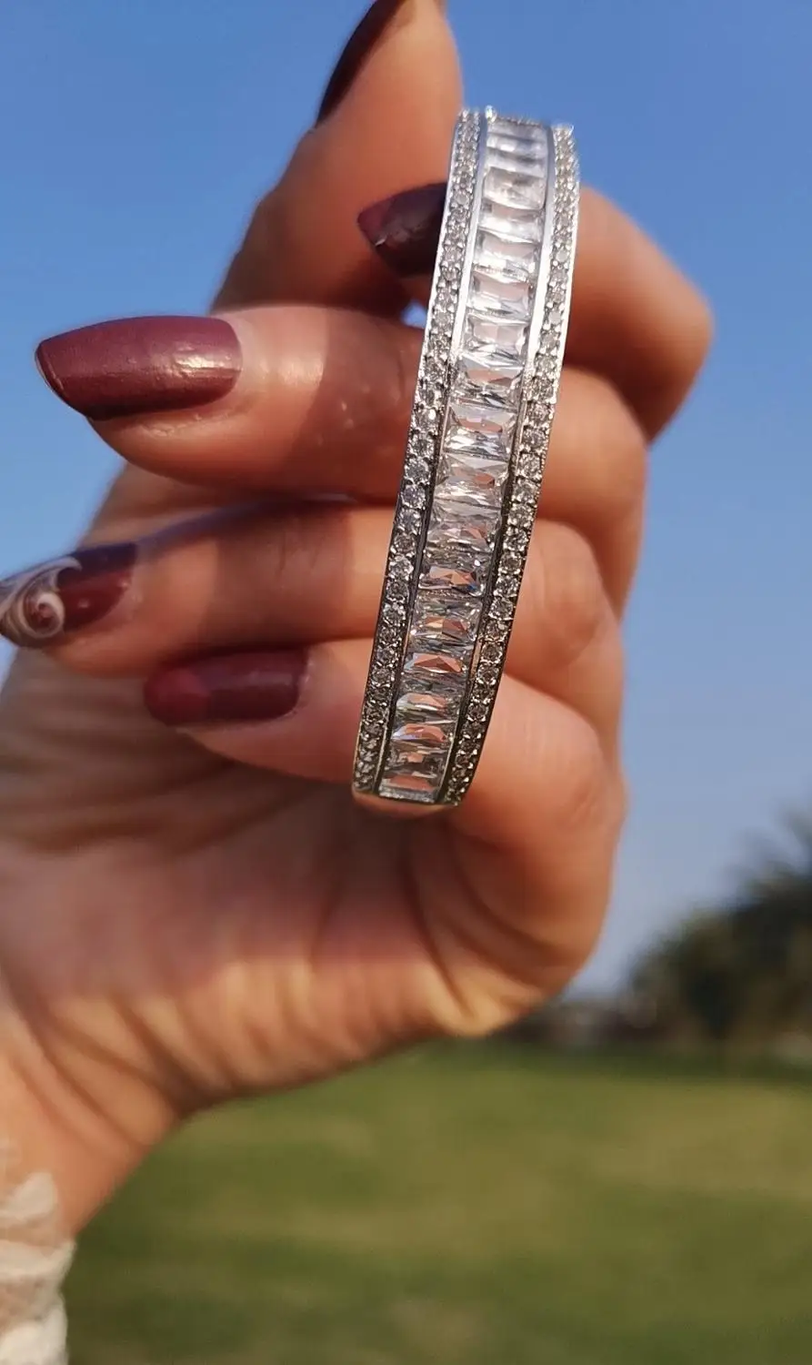 Luxury Bracelet channel Pave Square Simulated Diamond Engagement bangle for Women 18K White Gold Filled wedding Jewelry 17cm