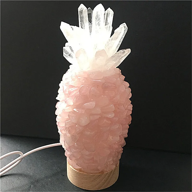 Natural LED wooden base rose quartz pineapple shaped folk crafts crystal lamp for decoration