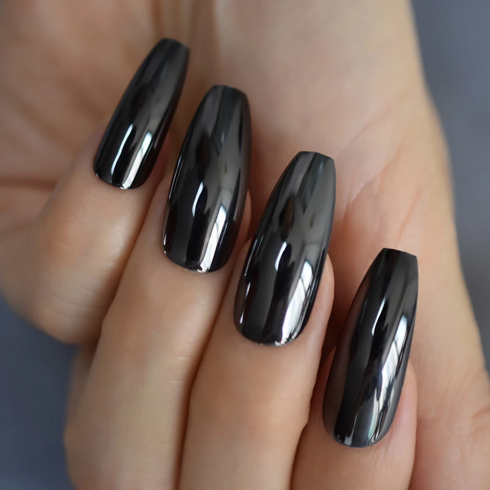 Gun Grey Coffin Fake Nails Extra Long Mirror Shine Acrylic False Nails Extremely Long Ladies Predesigned False Nail 24