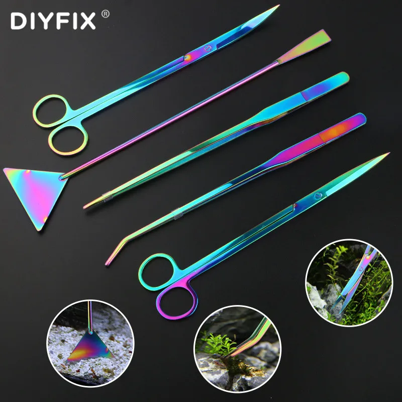 

5PCS Aquarium Fish Tank Tools Stainless Steel Colorful Titanium Plated Mirror Scissors Tweezers Aquatic Plants Cutting Hand Tool