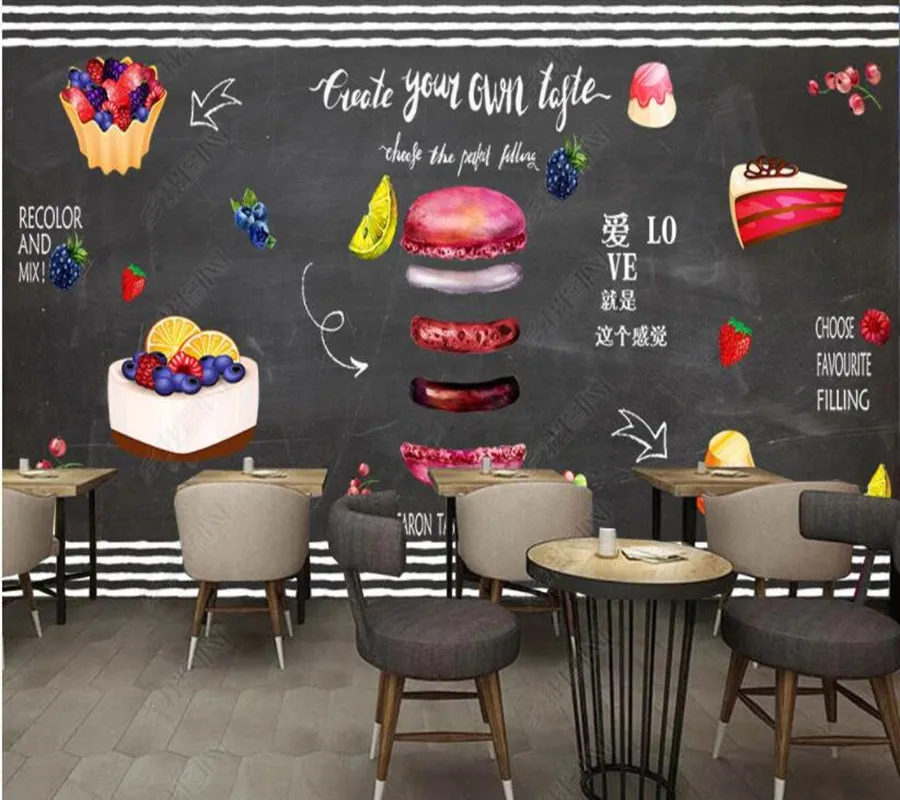 

Papel de parde hand-painted dessert macaron cake coffee milk tea 3d wallpaper mural, living room kitchen wall papers home decor