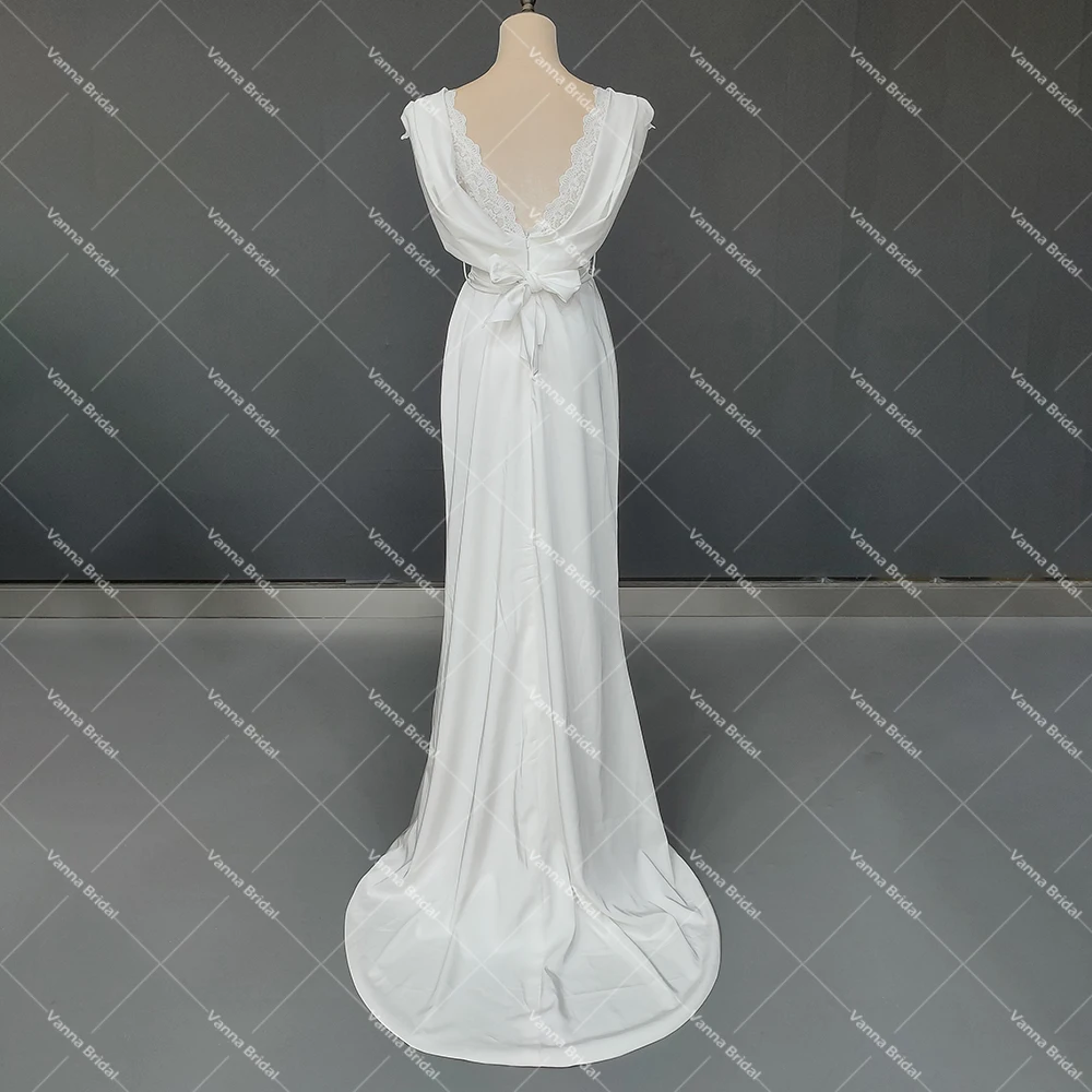 Robe de mariée en mousseline de soie, Vintage, grec, col en v, traîne au dos, sur mesure, dos nu, Photos réelles, gaine florale, dentelle froncée