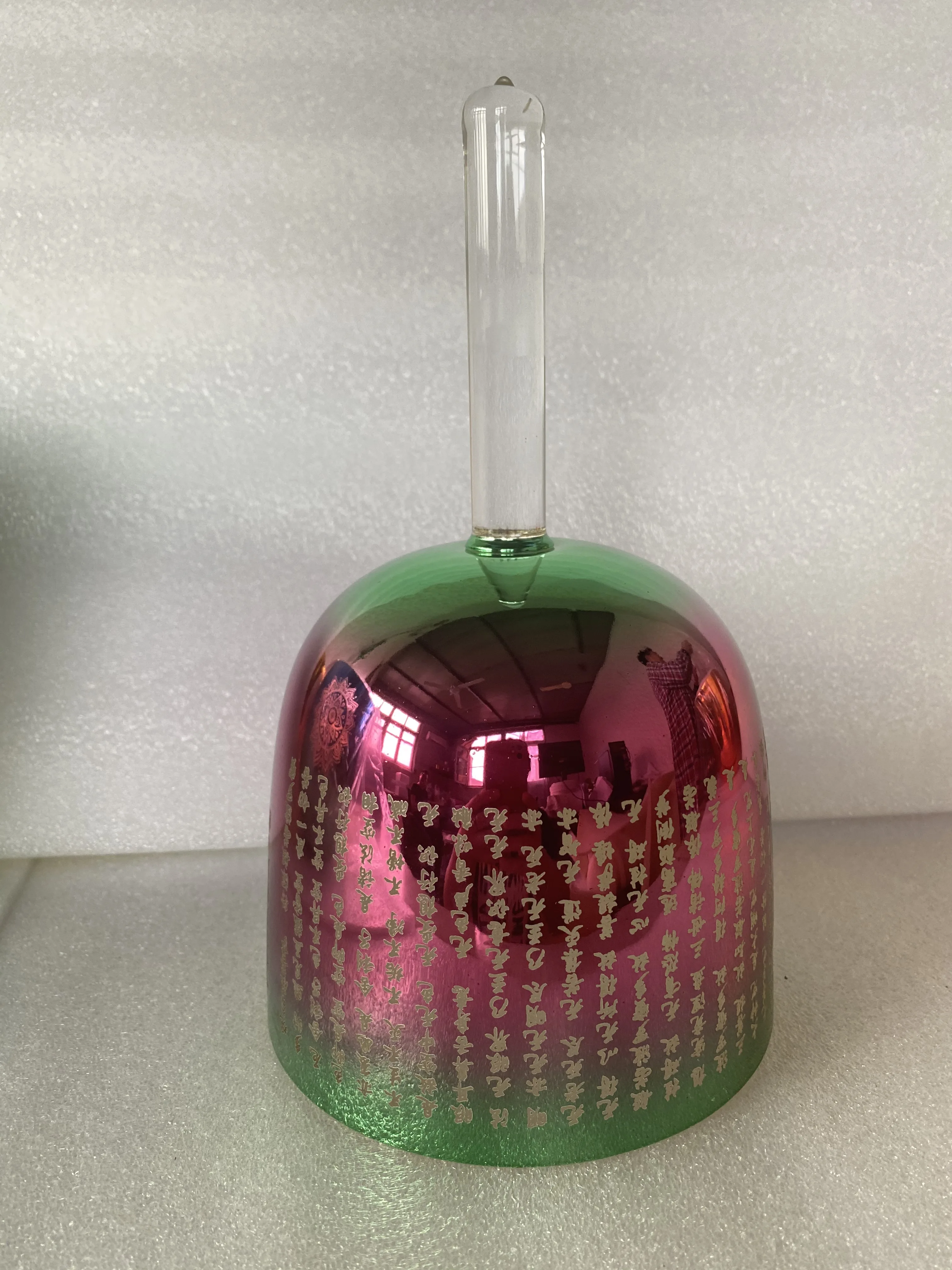 

4th octave F note perfect pitch heart chakras pink mixed green color crystal handle bowl 432Hz with engravings.