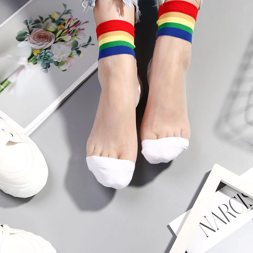 Summer Women Ultrathin Transparent Socks meias Harajuku Striped Crystal Socks Glass Silk Sock Calcetines Mujer