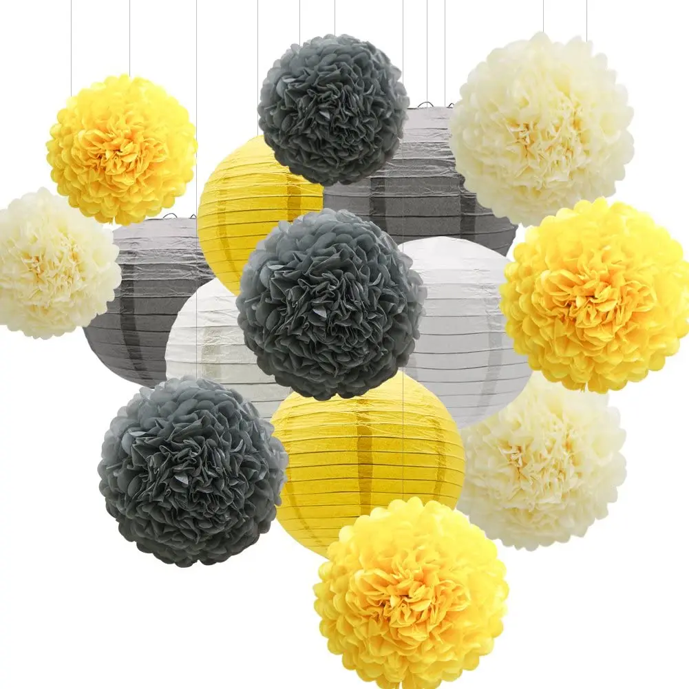 Ensemble de décorations de fête, lanternes en papier Ikand, pompons, jaune, gris, blanc, fleurs, baby shower, remise de diplôme, 15 pièces