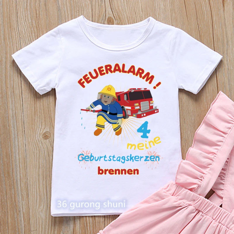 

Newly boys t-shirts funny firefighter cartoon print 3 to6 years old number birthday clothing summer tee toddler baby tshirt tops