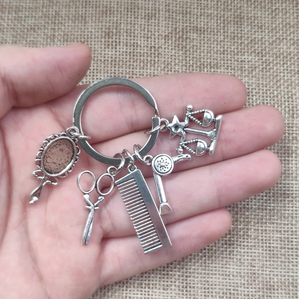 12 Signs Constellations Zodiac Antique Silver Plated Keychain Key Ring Comb Scissors Mirror Hair Drier Barber Shop Style