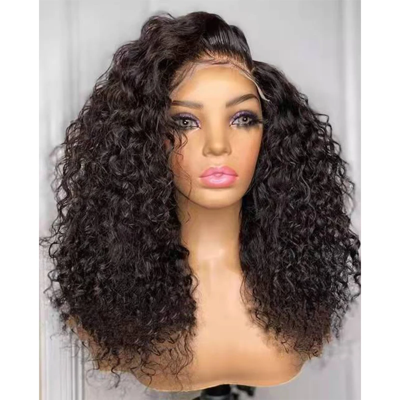 Middle Part Glueless 180 Density 26inch Long Kinky Curly Ntural Black Water Wave Lace Frontal Wig For Black Women Babyhair Daily