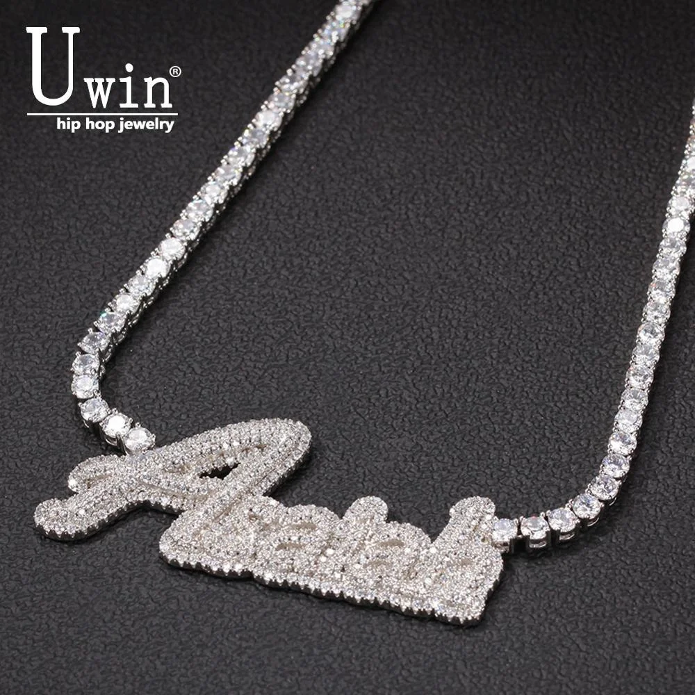 Uwin Custom Name Necklace Cursive Letter With Tennis Chain Cubic Zirconia Gold Silver Color Necklace Fashion Hiphop Jewelry