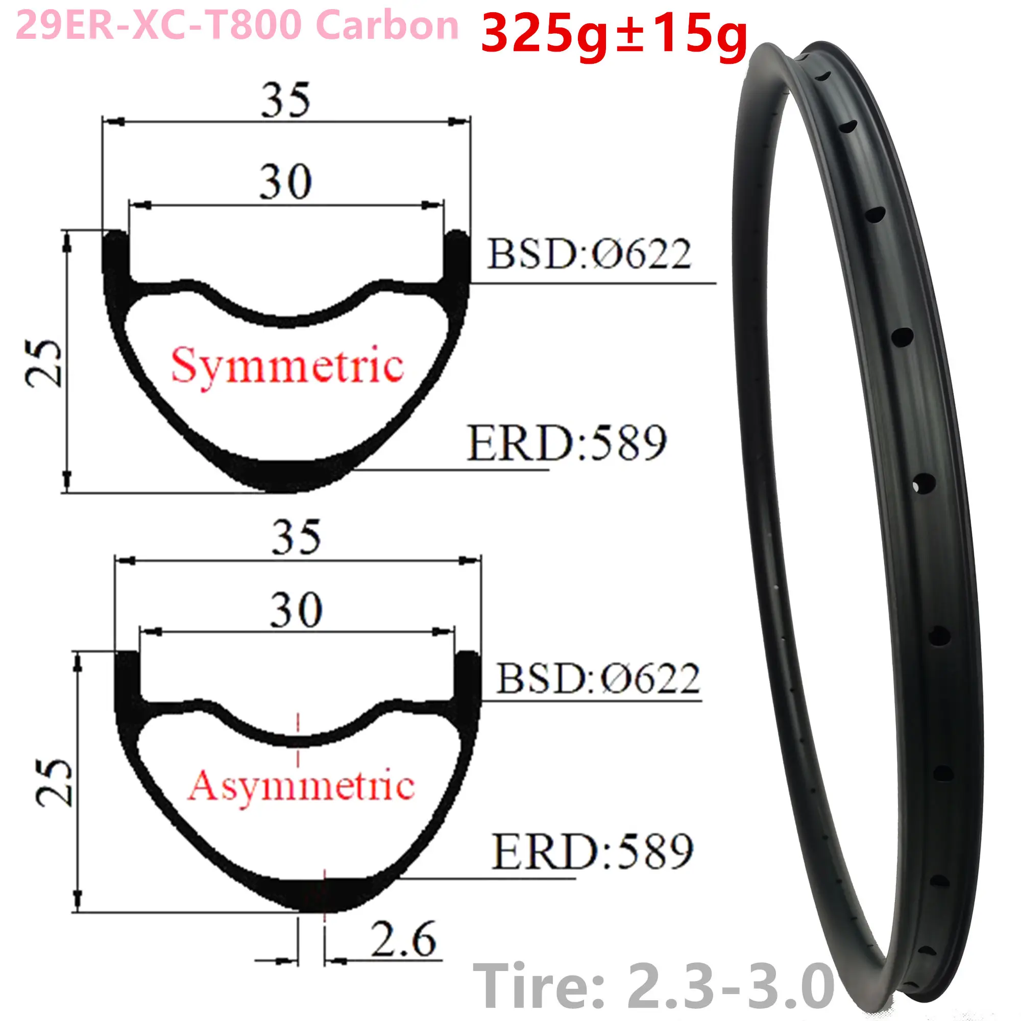 29er 325g XC 35X25mm internal 30mm 29er carbon mtb rim Hookless tubeless mountain bike wheel T800 mtb 29