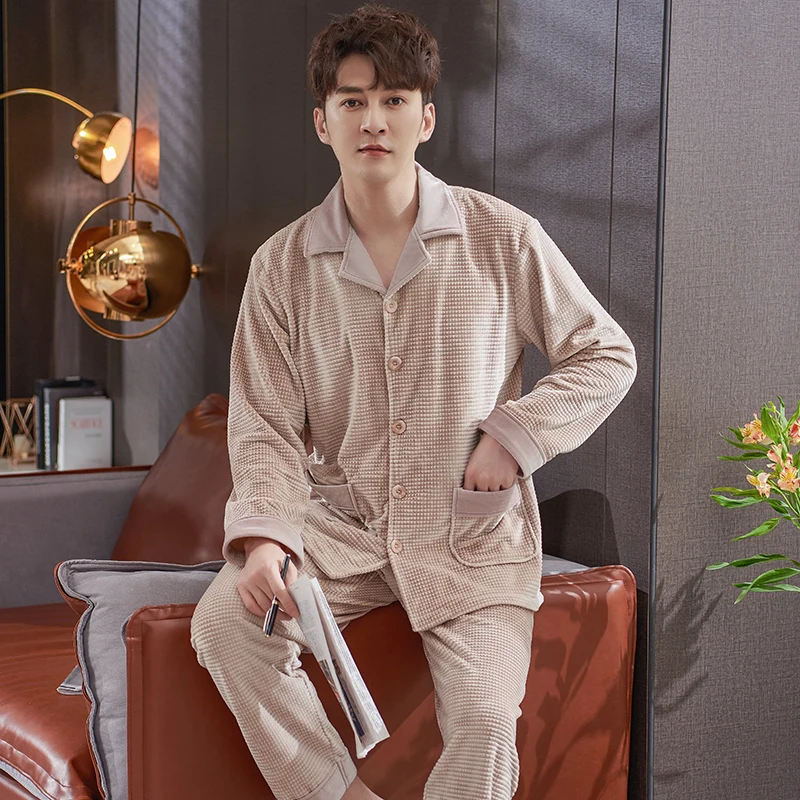 Men's Autumn And Winter Thick Island Fleece Pajamas Sets Long Sleeve Fashion Style Warm Flannel Sleepwear Big Yards 3XL Pijamas