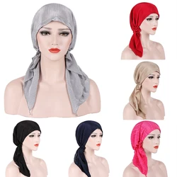 Fashion Pleated Women Muslim hijabs Solid Color Head Scarf Turban Bonnet Islamic Headwrap underscarf Ladies Pre-Tied Hijab caps