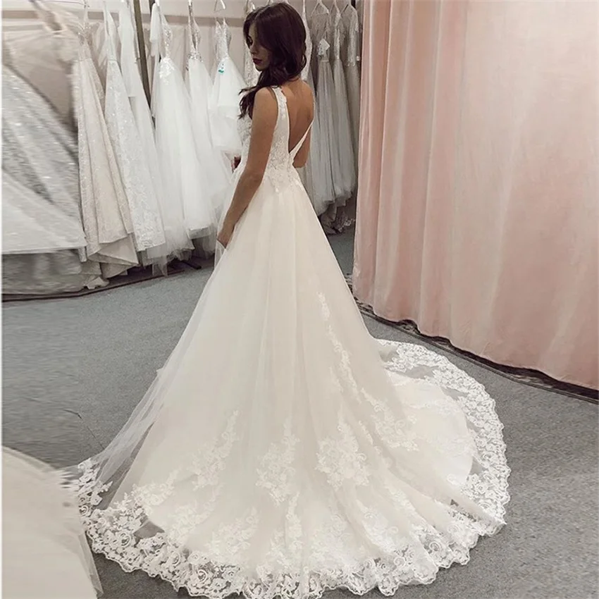 Robe De mariée trapèze élégante, col en v, sans manches, blanc, ivoire, dos nu, balayage avec traîne, robes personnalisées, 2020