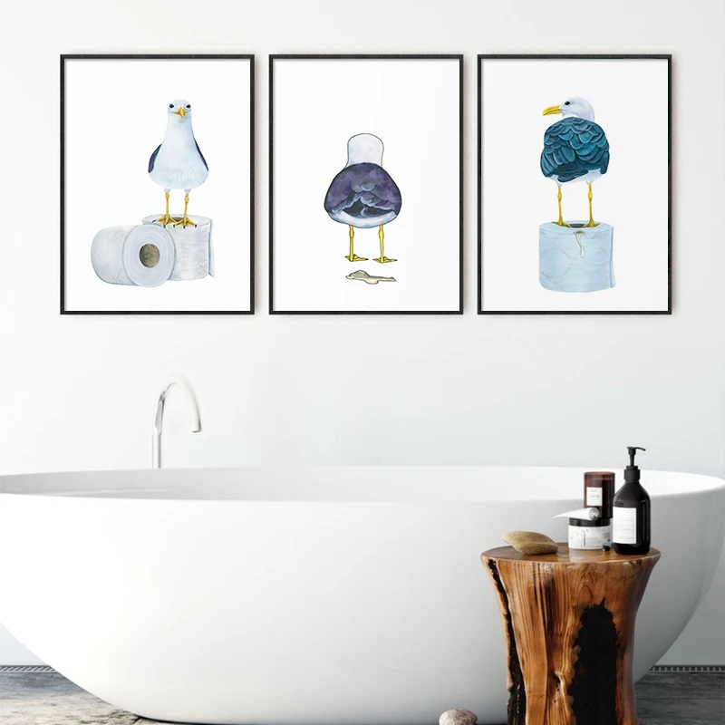 Cute Seagull Funny Bathroom Wall Decoration Poster Canvas Painting Watercolor Animal Art Print Toilet Paper Humour Picture