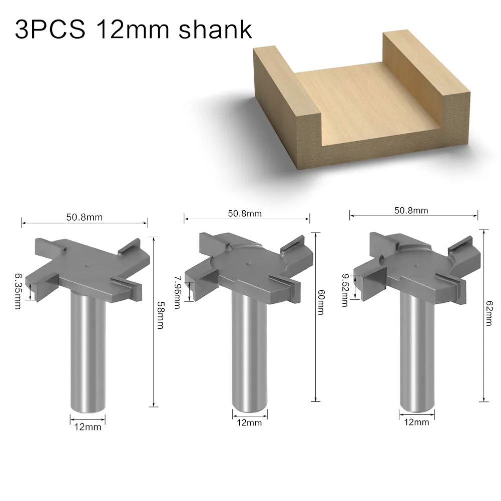 High quality 1/3PC 1/2''(12.7mm) 12mm Shank T-Slot & T-Track Slotting Router Bit Carbide CNC End Milling Cutter Wood Router Bit
