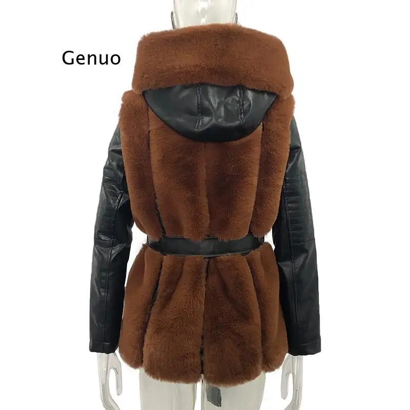 Quente 2021 novas mulheres de inverno grosso quente com zíper casaco jaqueta com cinto gola pele do falso jaquetas couro outerwear senhoras parkas